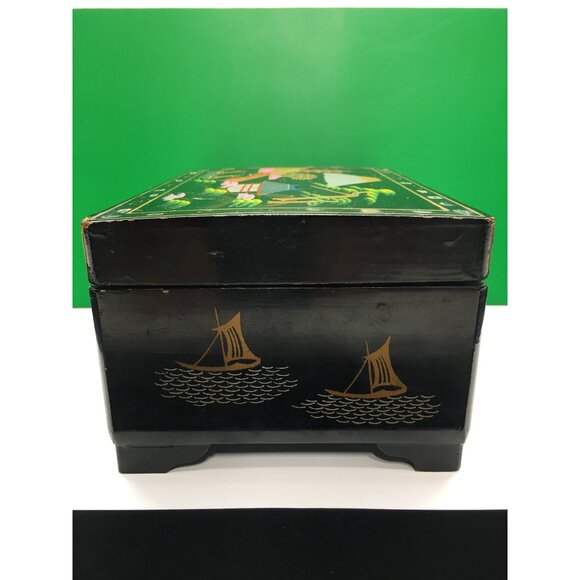 Vintage Japanese Lacquered Music Jewelry Box with Key Black 1950s - Sound Works - Picture 5 of 16